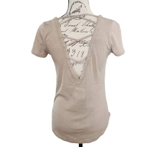 Chaser Ladies Beige Soft Ribbed Top with Lace up Back - Size Medium - Picture 7 of 7